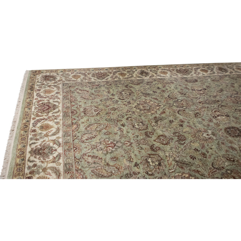 Tapis vert et ivoire noué à la main de haute qualité