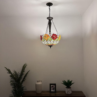 Tiffany Chandeliers Pendant Lamps Red Orange Stained Glass Rose Flowers LED Bulbs 16"W*16"D*60"H