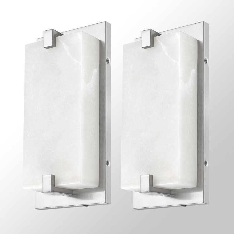 12.6" Dimmable LED Wall Mounted Sconce With Natural Spanish Marble Shade 5 Colors Adjustable (Set Of 2), Brushed Nickel
