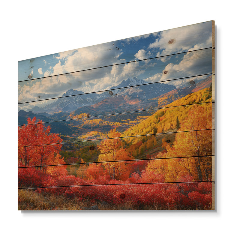 Chaîne de montagnes panoramique en automne II - paysage mural montagnes en bois - sur bois de pin naturel