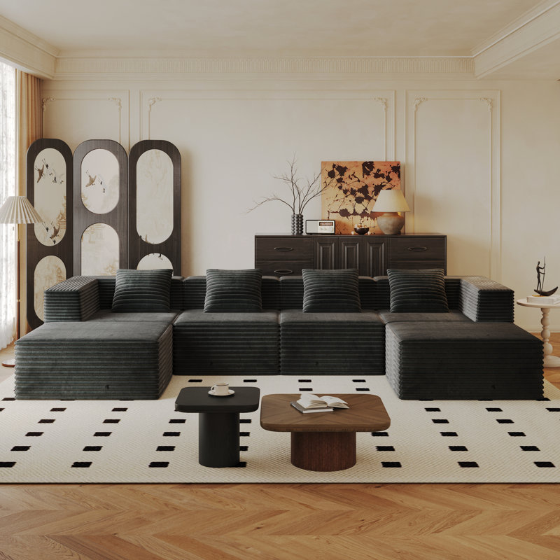 Canapé modulaire gris avec assise profonde - conception désossée, éponge haute densité, aucun assemblage requis (4 sièges + 2 repose-pieds)