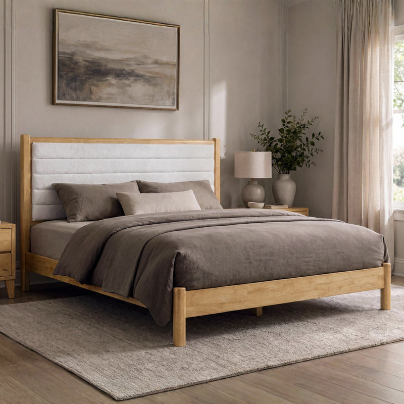 Base de lit capitonnée en bois massif Evelyn Evelyn, Naturel, bouclé blanc crème