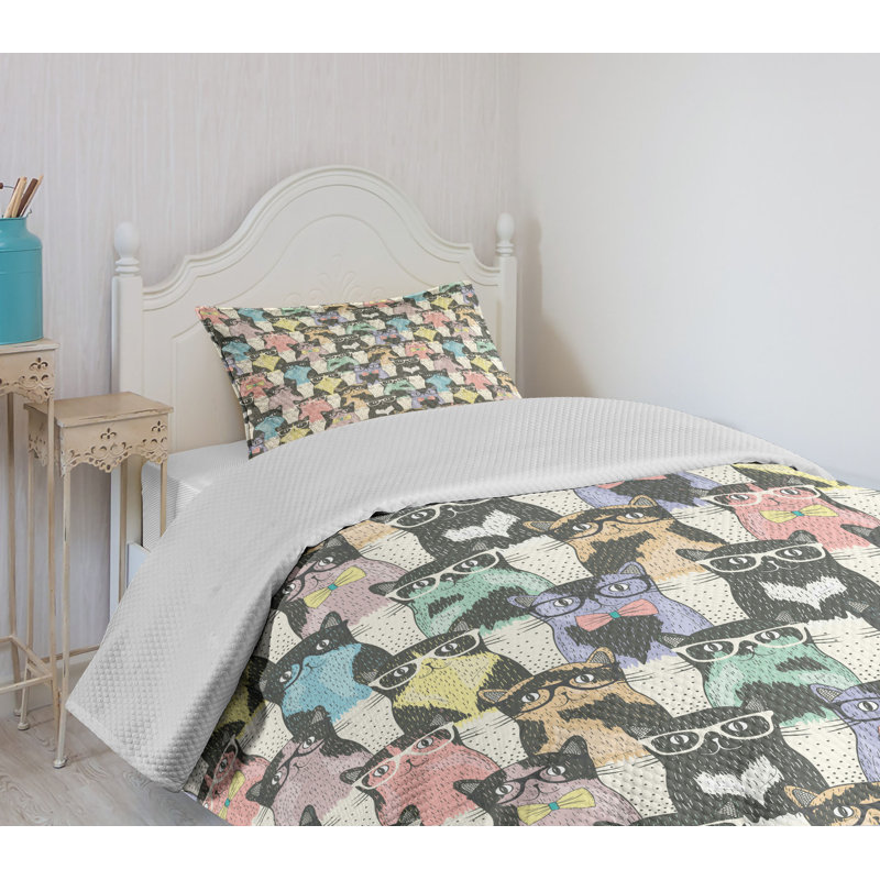 Hipster Cats Multicolor Twin Polyester Bedspread Set