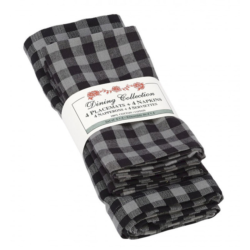 Ensemble de napperons et serviettes 4 pièces en coton, Gris / blanc