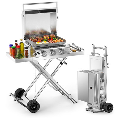 Plaque de cuisson portative au propane à 3 brûleurs, gril au gaz plat en acier inoxydable robuste avec support escamotable, plaque chauffante extérieure de 24 000 BTU pour le camping et les fêtes dans la cour