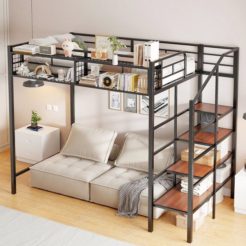 Lit mezzanine simple en métal noir avec rangement latéral et tablette supérieure - Conception moderne, construction facile à assembler, utilisation pratique