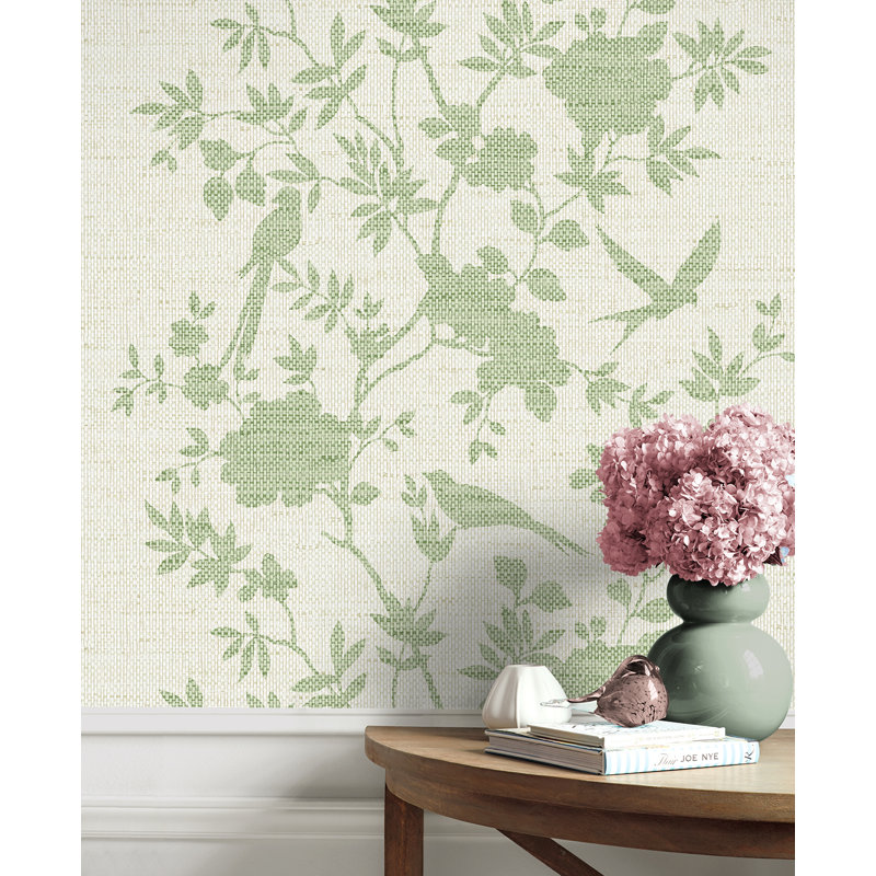 Floral Grass Cloth Wallpaper Roll, Jade
