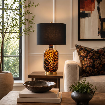Nicole Miller Roux 27" Leopard Print Glass Table Lamp with Black Shade