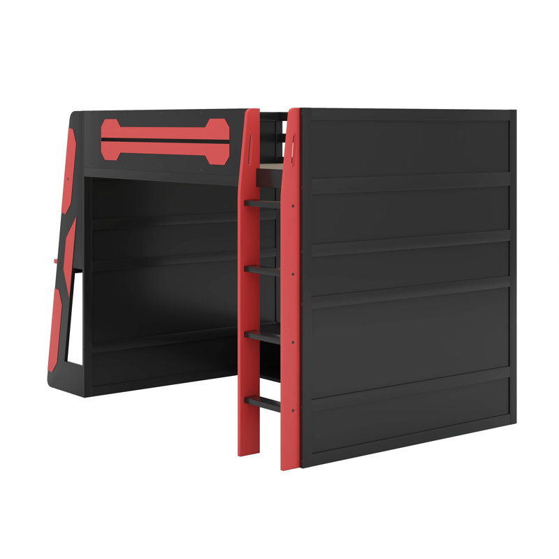 Lit mezzanine double avec bureau, tablettes de rangement et lumière RVB, Rouge