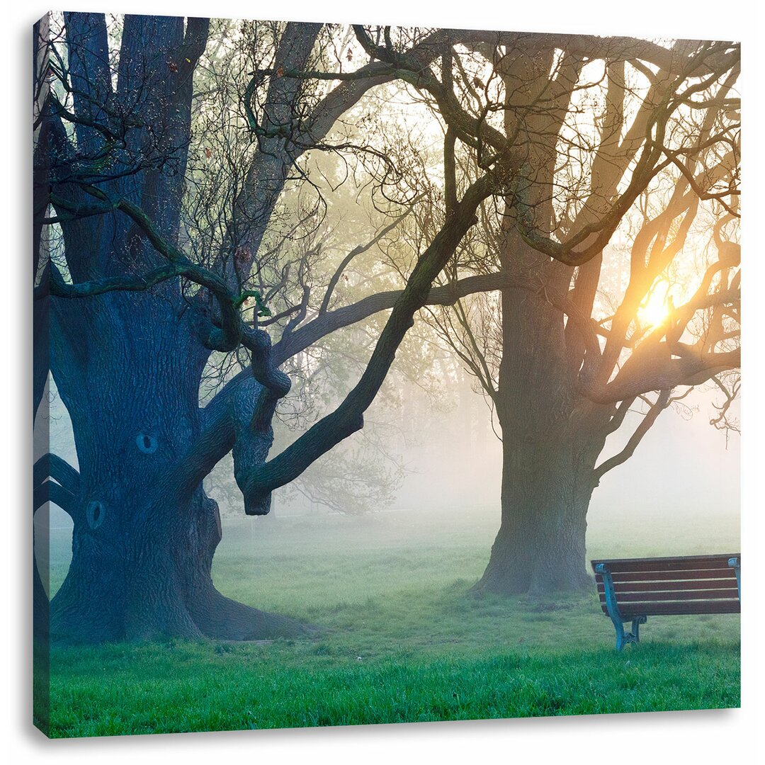 Leinwandbild Baum und Bank im Nebel