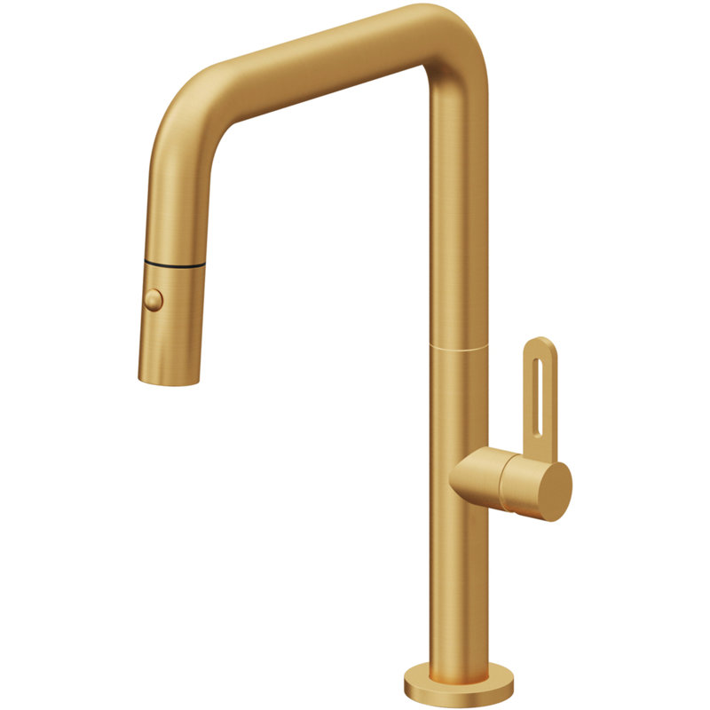 Pull-Down Kitchen Faucet With Button Sprayer - Quad Spout, Lifetime Satin Gold, Black Flat Blade