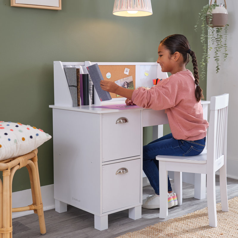 White Wooden Writing Desk with Hutch and Drawers