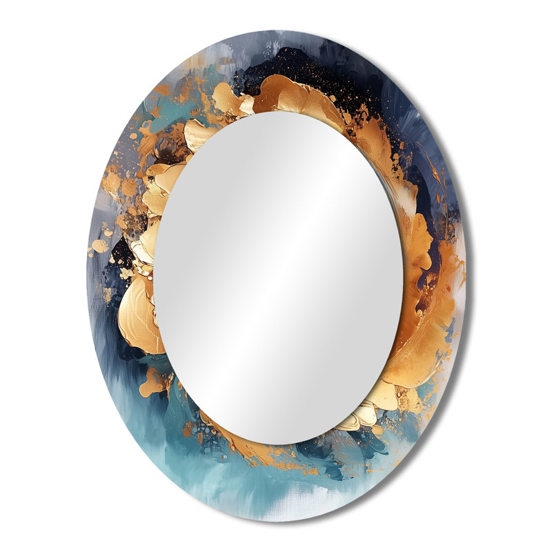 Vortex III bleu et or - Miroir décoratif ovale abstrait sur métal, 43 po x 33 po