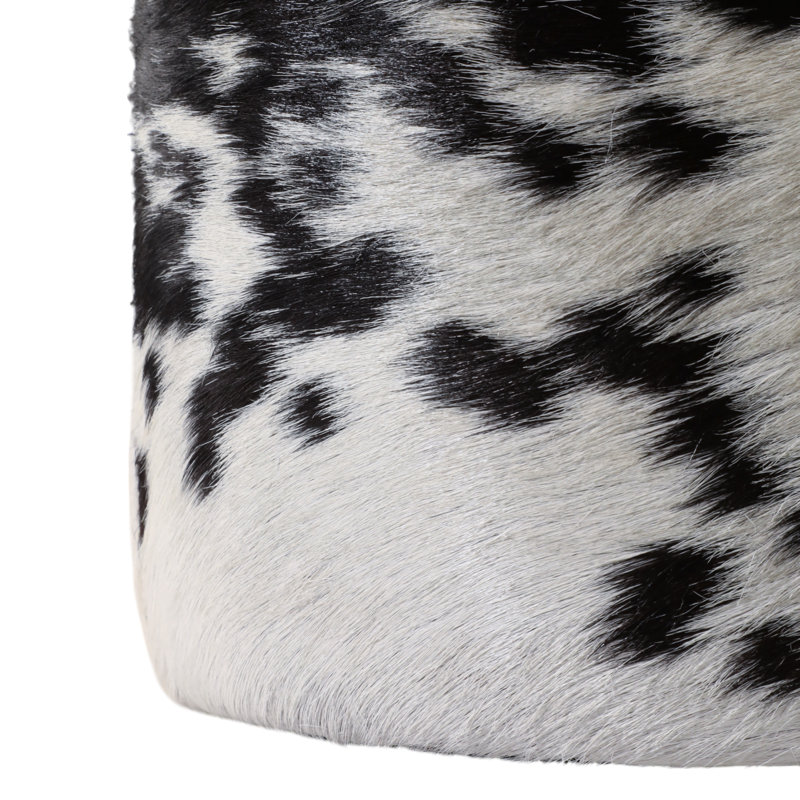 Round Leather Ottoman with Cow Print Design - Luxury Ottoman Pouf Footstool for Living Room and Extra Seating - Perfect Ottoman Accent for Footrest, Coffee Table, or House Decor - 18", Black/White