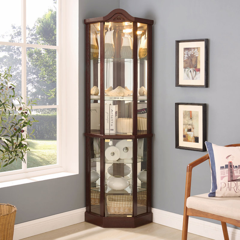 Armoire d'angle vitrée avec tablettes réglables, Brown