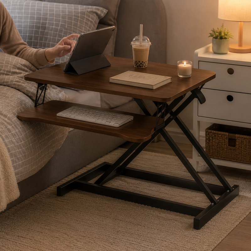 Adjustable Overbed Table with Two-Tier Split Top for Laptop Work, Walnut Wood