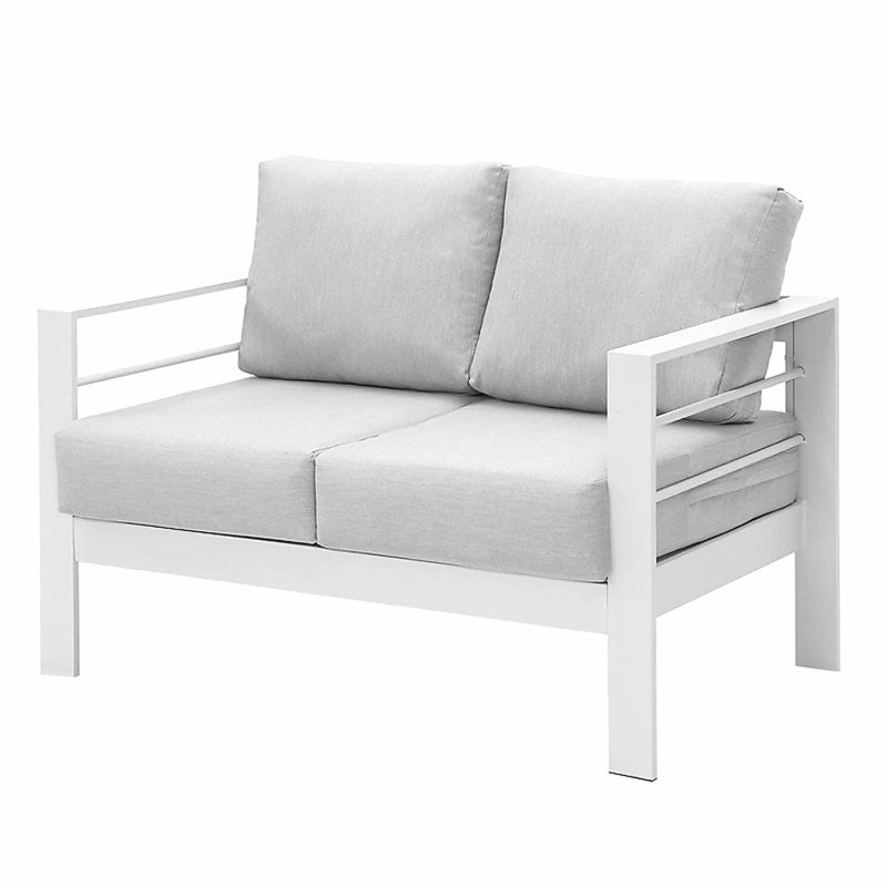 50" All-Weather Aluminum Patio Loveseat with Thick Light Gray Cushions & White Frame, White/Gray
