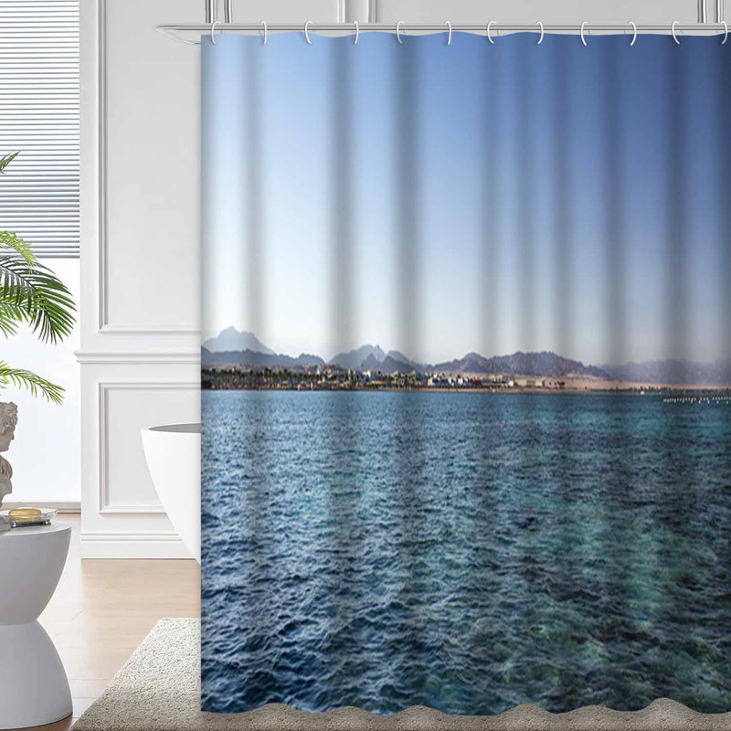 Sea Pier, bleu, eau, vert, palmiers, montagnes, Afrique, plage, avec 12 crochets, L 72 po x l 84 po