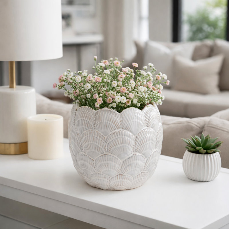 Stoneware Ceramic Planter with Embossed Scale Texture and Scalloped Rim Decorative Modern Pot, 8" H x 10" W x 10" D