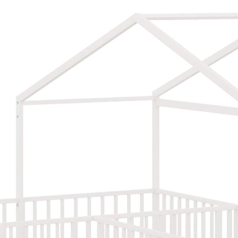 House Style Shared Bed, L Shaped Frame with Safety Fence, Twin, White
