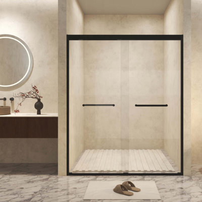Tempered Glass With Explosion Proof Film, Aluminum Frame Double Sliding Shower Door, "1/4 (6 Mm), Stainless Steel Handle