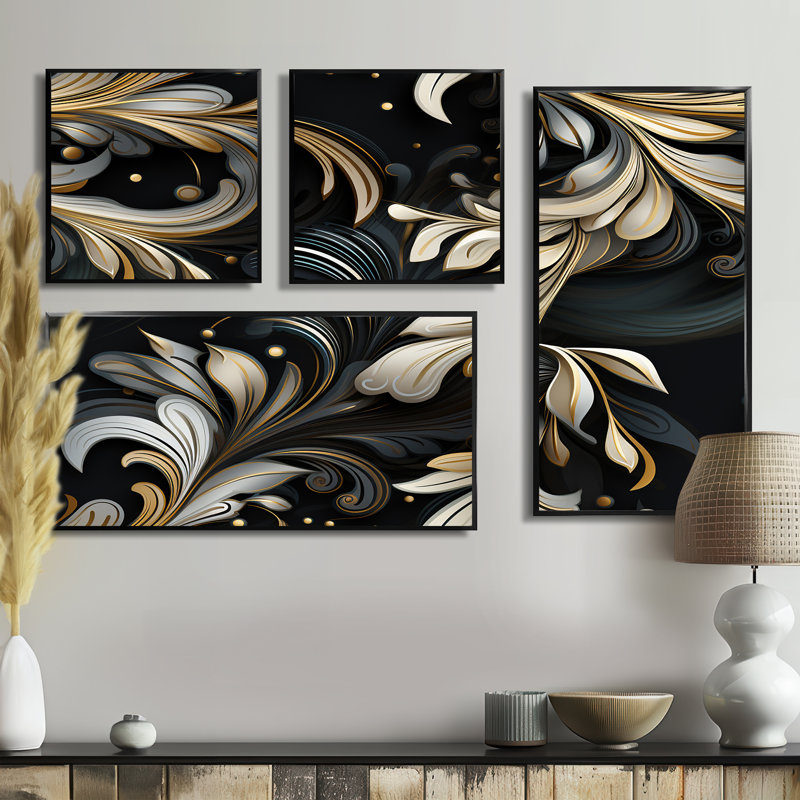 Hockett - Art mural abstrait 4 pièces, Noir, Reproduction encadrée sans passe-partout