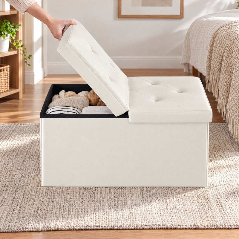 Banc de rangement rembourré en similicuir, banc d'entrée pliable et banc de chambre, H 15 po x l 30 po x P 15 po, Beige