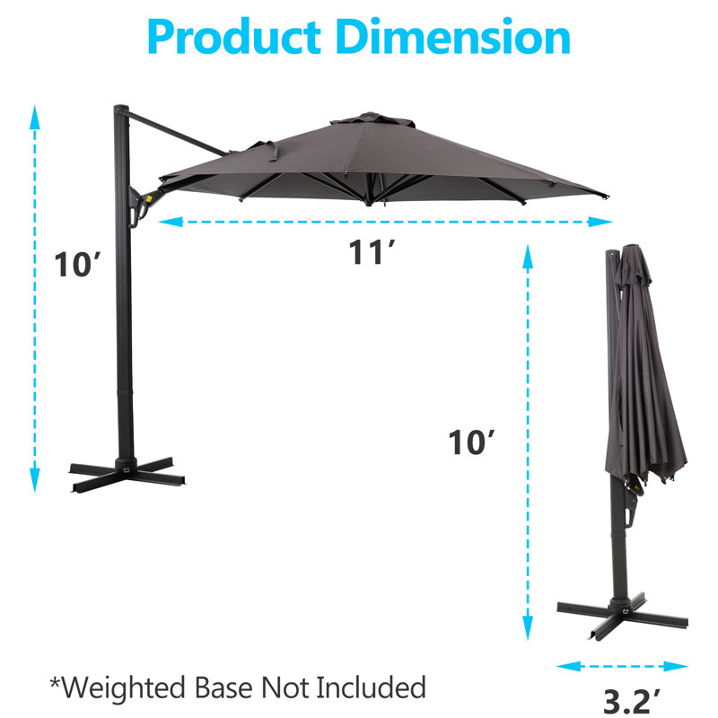 Parasol de patio en porte-à-faux décalé de 11 pi - gris, fonction de réglage de l'inclinaison et de la rotation à 360 °, tissu 250G avec revêtement en polyuréthane, option de changement d'abri de protection contre la rouille pour l'extérieur, housse d'ombrage