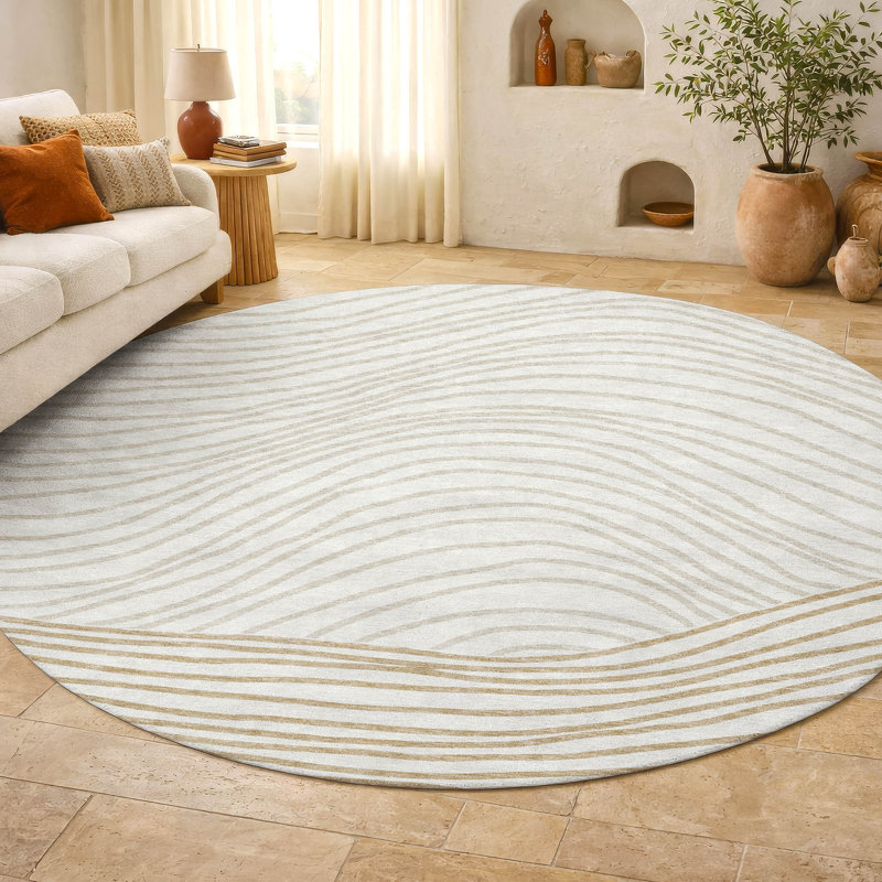 Premium Machine Washable Mayfield AMF2350 Stripes Rug, Ivory, 8' Round