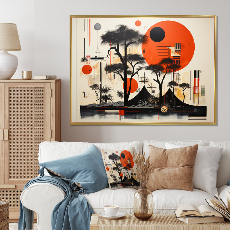 «Full Moon Japanese Mountain Retro Illustration» sur, H 16 po x l 32 po, Cadre flottant doré