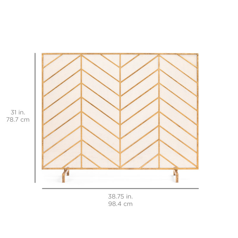 Antique Gold Chevron Iron Mesh Single Panel Fireplace Screen