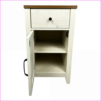 Farmhouse Nightstand with Charging Station, Drawer &amp; Barn Door, Brown+White