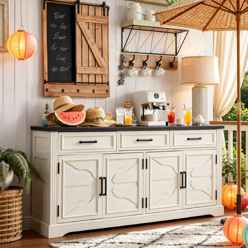 66" Modern Farmhouse Sideboard Buffet Cabinet with Storage, Embossed 3 Drawers and 4 Doors Storage Cabinet, Large Coffee Bar Station for Dining Room Kitchen Living Room.