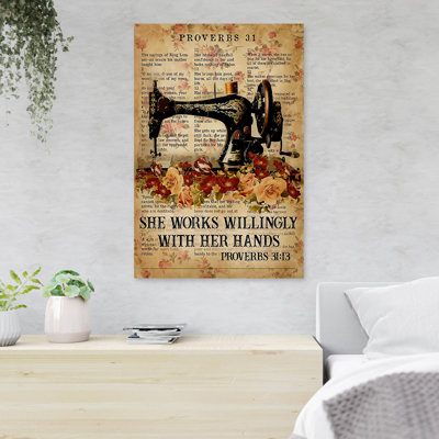 Sewing Machine With Roses She Works Willingly With Her Hands 1 Piece Rectangle Graphic Art Print On Wrapped Canvas