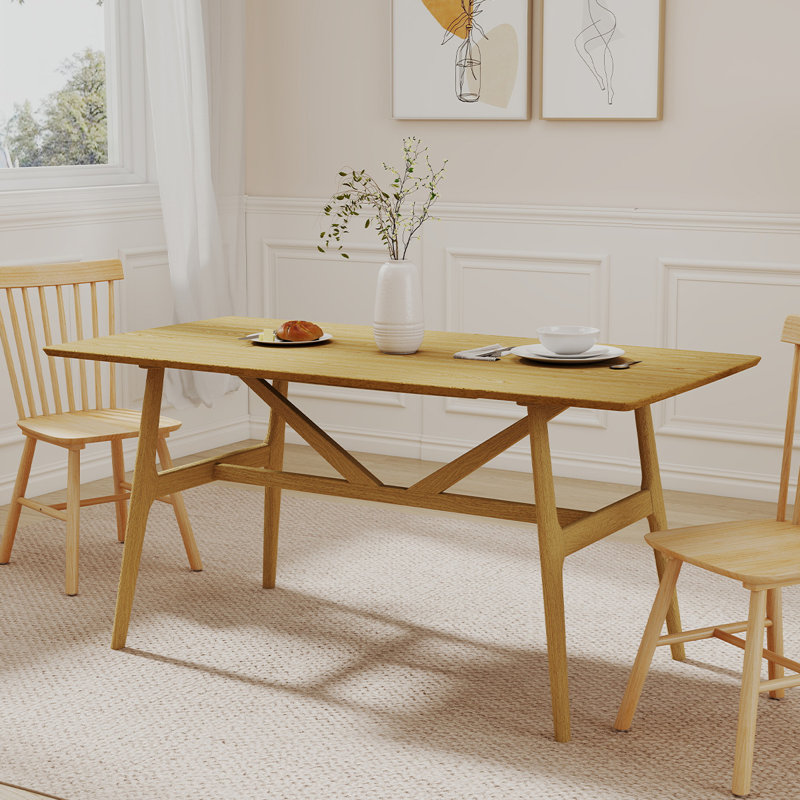 Dining Table With Solid Wood Legs, Natural Wood/Tan