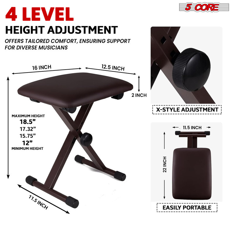 5 Core Keyboard Bench X-Style Height Adjustable from 16.3-19.6in KBB 02 WH Clebert, Brown
