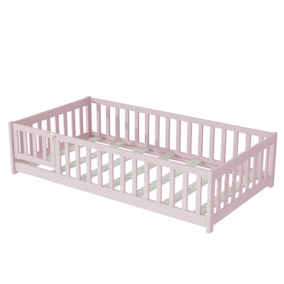 Floor Bed With Fence And Door,Rubber Wood Floor Bed With Safety Guardrails