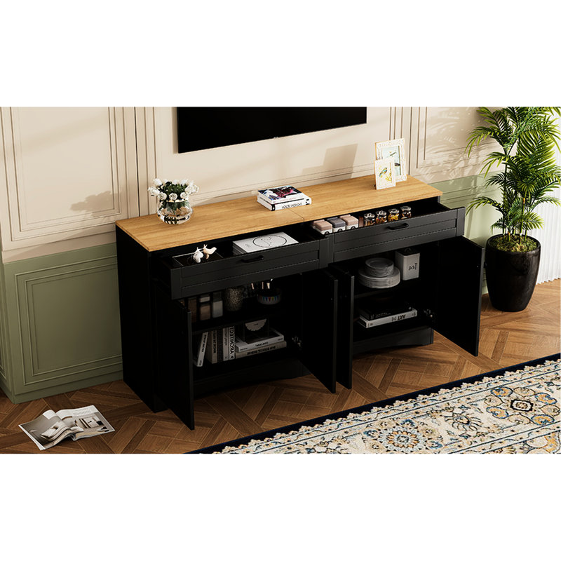 70" Tv Side Table With 2 Drawers & Traditional Style, Design Adjustable Shelves Black Wood Grain Sideboard Style Stand Charming Curve, Suited, For Living Room