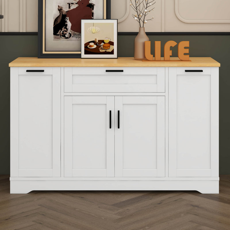 Îlot de cuisine avec tiroir, buffet avec support coulissant à 3 niveaux, armoire de rangement avec tablettes réglables et tablette de porte