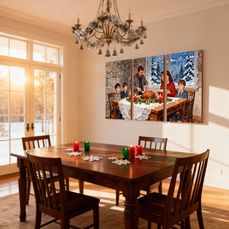 Ensemble de 3 reproductions d'art sur toile, "Christmas Family Gathering Around" avec dinde, H 30 po x l 60 po