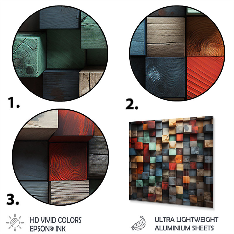 Blue And Red Abstract Cubes II - Abstract Cubism Metal Wall Art Print, 16" H x 16" W