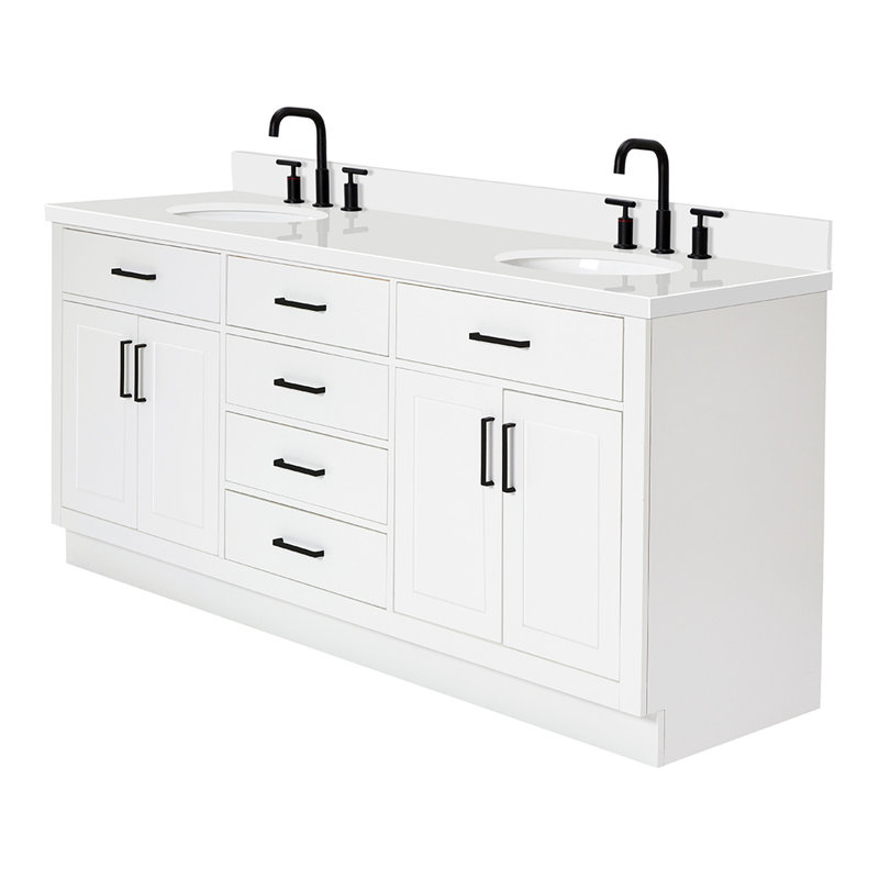 Meuble-lavabo double en bois massif 72 po Tidworth avec plateau en quartz blanc 1,5 po, Blanc, Ovale