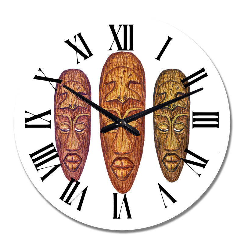 Trois masques tribaux en bois - horloge murale rétro, Moyen