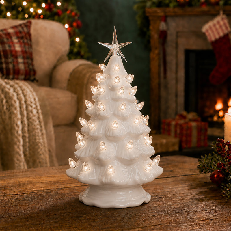Lighted Ceramic Christmas Tree, White, 11.5" H x 3.5" W x 3.5" D