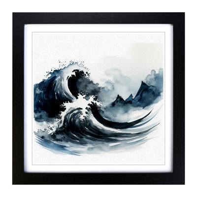Japanese Wave Ink Wash No.1 - Single Picture Frame Print on Wood