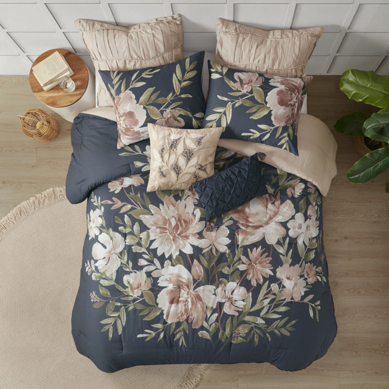 Ensemble d'édredon en coton 8 pièces pour grand lit bleu marine, Édredon grand + 7 pièces supplémentaires