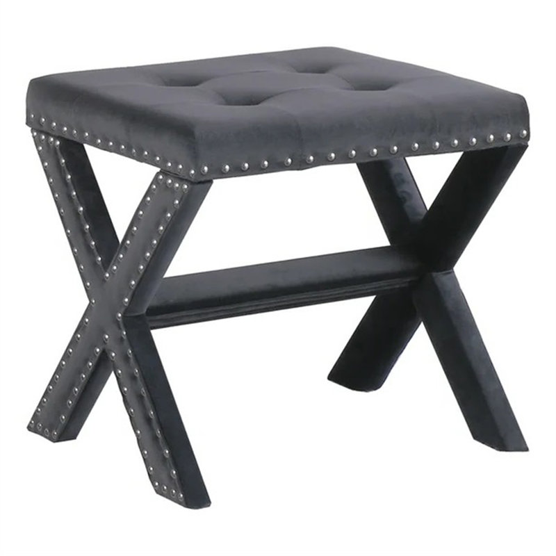 Velvet Upholstered Accent Bench With Nailhead Trim, Dark Gray Velvet
