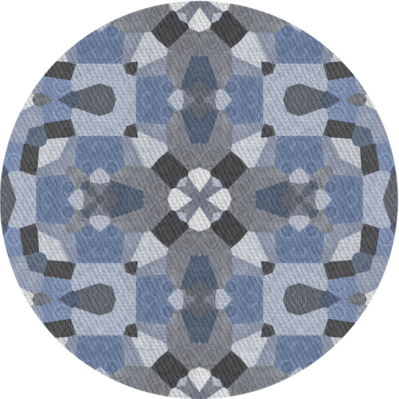 Tapis bleu/gris à motifs, Rond 4 pi