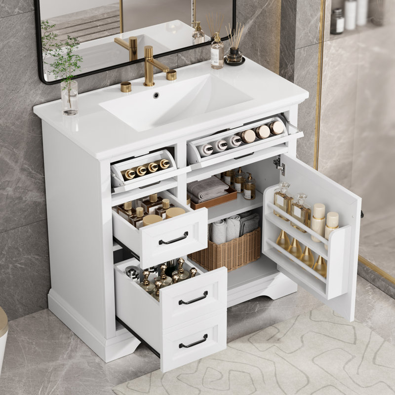 Meuble-lavabo autoportant de 36 pouces avec lavabo intégré en céramique, 4 tiroirs, porte à fermeture en douceur, matériaux, détails modernes, charnières en métal, construction