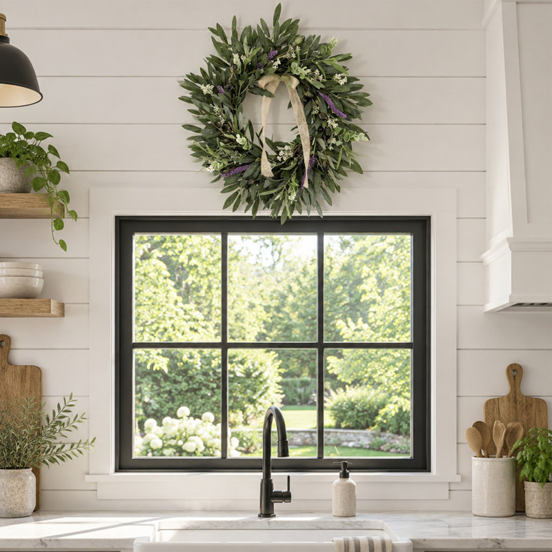 Couronne artificielle 17,72 po olive et lavande avec ruban en toile de jute